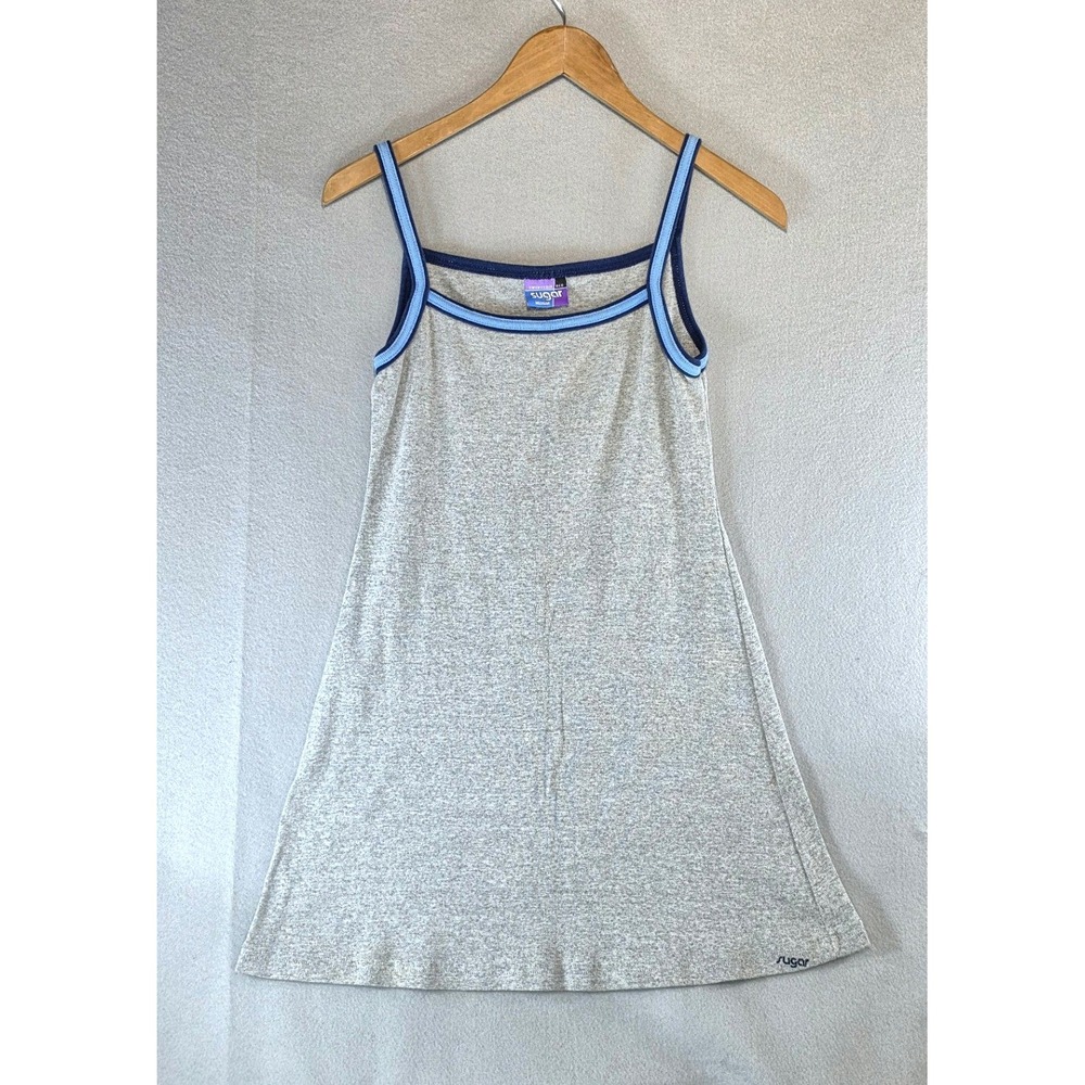 Vintage Sugar Y2K Sporty Ringer Mini Dress Medium Cotton 90s Retro Gray Blue